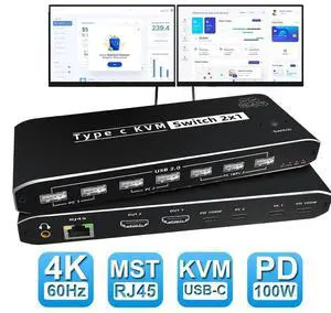 8K USB-C KVM Switch 2X1, 2 Port Type-C KVM Switch 8K 60Hz 2 Port Box 4K 120Hz Support 2Port 100W Power Delivery for 2 Computers Share 1 Monitor(DP/HDMI Output),3.5mm Audio, RJ45 and 7 USB Devices 8K USB-C KVM Switch 2X1, 2 Port Type-C KVM Switch 8K 60Hz 2 Port Box 4K 120Hz Support 2Port 100W Power Delivery for 2 Computers Share 1 Monitor(DP/HDMI Output),3.5mm Audio, RJ45 and 7 USB Devices
