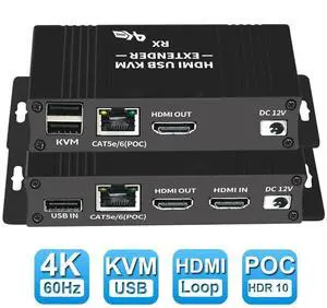 Jansicotek HDMI KVM USB Extender with PoC Over Cat5/Cat5e/Cat6 HDMI to RJ45 Support 4K@60Hz Video Lossless No Latency, 60m 196ft HDMI USB (Transmitter and Receiver) Jansicotek HDMI KVM USB Extender with PoC Over Cat5/Cat5e/Cat6 HDMI to RJ45 Support 4K@60Hz Video Lossless No Latency, 60m 196ft HDMI USB (Transmitter and Receiver)