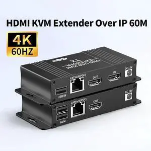 WRIARICH HDMI KVM USB Extender 4K@60Hz Over Cat5e/6 Ethernet Cable 60m (196ft) for Mouse and Keyboard Control Remote Signals (Transmitter and Receiver) WRIARICH HDMI KVM USB Extender 4K@60Hz Over Cat5e/6 Ethernet Cable 60m (196ft) for Mouse and Keyboard Control Remote Signals (Transmitter and Receiver)