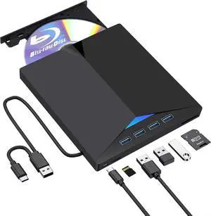 External CD DVD Bluray Drive for Laptop with Card Reader and 4*USB3.0 Ports, USB 3.0&Type-C Portable CD/DVD /Blu-ray Player Reader Writer for MacBook Laptop Desktop PC Wins 11/10/8/7/XP Mac OS External CD DVD Bluray Drive for Laptop with Card Reader and 4*USB3.0 Ports, USB 3.0&Type-C Portable CD/DVD /Blu-ray Player Reader Writer for MacBook Laptop Desktop PC Wins 11/10/8/7/XP Mac OS