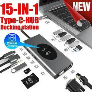 USB C Hub,15 in 1 Type C Adapter Docking Station with VGA HDMI,Wireless Charging, 87W Power Delivery,1000Mbps Port and 3 USB-A Data Ports,4 USB2.0 SD and TF Card Slot, 3.5mm Audio (VGA +HDMI Hub) USB C Hub,15 in 1 Type C Adapter Docking Station with VGA HDMI,Wireless Charging, 87W Power Delivery,1000Mbps Port and 3 USB-A Data Ports,4 USB2.0 SD and TF Card Slot, 3.5mm Audio (VGA +HDMI Hub)