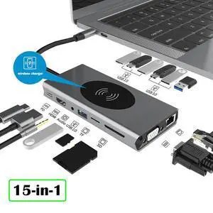 15 in 1 Docking Station, Type C Multiport Adapter for MacBook Pro/Air, Mac Dongle with Wireless Charging,HDMI, Gigabit, VGA, PD Port, 7 USB 3.0/2.0, SD/TF Card Reader and Mic/Audio,87W Power Delivery 15 in 1 Docking Station, Type C Multiport Adapter for MacBook Pro/Air, Mac Dongle with Wireless Charging,HDMI, Gigabit, VGA, PD Port, 7 USB 3.0/2.0, SD/TF Card Reader and Mic/Audio,87W Power Delivery
