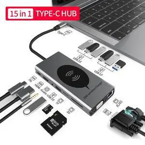 USB C Docking Station, 15 in 1 Laptop Docking Station Dual Monitor, with 4K- HDMI, VGA, Gigablit Ethernet, 7 USB, SD/TF Card Reader,Audio Port,Wireless Charging Compatible with MacBook/Surface/HP/Dell USB C Docking Station, 15 in 1 Laptop Docking Station Dual Monitor, with 4K- HDMI, VGA, Gigablit Ethernet, 7 USB, SD/TF Card Reader,Audio Port,Wireless Charging Compatible with MacBook/Surface/HP/Dell