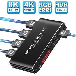 WRIARICH 8K@60Hz HDMI Splitter 1 in 4 Out, 1x4 HDMI 2.1 Splitter Support 4K@120Hz, 1080P@240Hz VRR HDCP2.3 HDR HDR10 48Gbps EDID Dolby Atmos 7.1ch WRIARICH 8K@60Hz HDMI Splitter 1 in 4 Out, 1x4 HDMI 2.1 Splitter Support 4K@120Hz, 1080P@240Hz VRR HDCP2.3 HDR HDR10 48Gbps EDID Dolby Atmos 7.1ch
