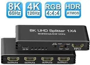 WRIARICH 8K@60Hz HDMI Splitter 1 in 4 Out, HDMI 2.1 Splitter Supports 4K@120Hz, EDID, 48 Gbps, VRR, ALLM, 3D, HDR 10, HDCP2.3, Dolby Vision Atmos, Audio Extractor, NO ARC WRIARICH 8K@60Hz HDMI Splitter 1 in 4 Out, HDMI 2.1 Splitter Supports 4K@120Hz, EDID, 48 Gbps, VRR, ALLM, 3D, HDR 10, HDCP2.3, Dolby Vision Atmos, Audio Extractor, NO ARC