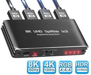 WRIARICH 8K@60Hz HDMI Splitter 1 in 3 Out, 1x3 HDMI 2.1 Splitter Support 4K@120Hz, 1080P@240Hz VRR HDCP2.3 HDR HDR10 48Gbps EDID Dolby Atmos 7.1ch WRIARICH 8K@60Hz HDMI Splitter 1 in 3 Out, 1x3 HDMI 2.1 Splitter Support 4K@120Hz, 1080P@240Hz VRR HDCP2.3 HDR HDR10 48Gbps EDID Dolby Atmos 7.1ch