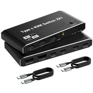 WRIARICH 2 Port USB-C 8K KVM Switch 2 PC Input 1 DP/HDMI Monitor Output, 2In 1Out 8K@60Hz 4K@144Hz 2-Port 100W PD with 3 USB2.0 Port,3.5mm Audio Jack 2 PC Sharing one USB Keyboard Mouse U disks WRIARICH 2 Port USB-C 8K KVM Switch 2 PC Input 1 DP/HDMI Monitor Output, 2In 1Out 8K@60Hz 4K@144Hz 2-Port 100W PD with 3 USB2.0 Port,3.5mm Audio Jack 2 PC Sharing one USB Keyboard Mouse U disks