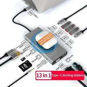 WRIARICH 13 IN 1 Laptop Docking Station, with 4K HDMI, VGA, RJ45 Ethernet, USB3.0,USB-C Data Port, SD/TF Card Reader,Audio Port,Wireless Charging Compatible with MacBook/Surface/HP/Dell WRIARICH 13 IN 1 Laptop Docking Station, with 4K HDMI, VGA, RJ45 Ethernet, USB3.0,USB-C Data Port, SD/TF Card Reader,Audio Port,Wireless Charging Compatible with MacBook/Surface/HP/Dell