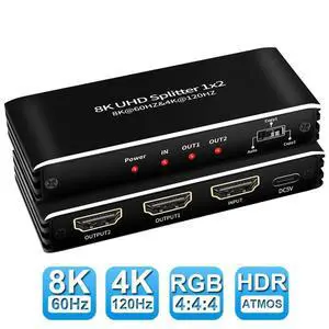 WRIARICH 4K 120Hz HDMI Splitter 1 in 2 Out,LUOM 1x2 Power HDMI Splitter 2 Ports w/AC Adapter, 8Kx2K@30Hz 3D Full HD Distributor for Xbox, PS5, Blu-Ray Player, HDTV Support 48Gbps, HDCP 2.3, RGB 4:4:4 WRIARICH 4K 120Hz HDMI Splitter 1 in 2 Out,LUOM 1x2 Power HDMI Splitter 2 Ports w/AC Adapter, 8Kx2K@30Hz 3D Full HD Distributor for Xbox, PS5, Blu-Ray Player, HDTV Support 48Gbps, HDCP 2.3, RGB 4:4:4