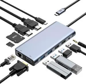 WRIARICH Triple Monitor USB C Laptop Docking Station, USB C Hub Multiport Adapter Dongle Dock with 2 HDMI, VGA, PD Charging,Ethernet,4 USB-A Ports,SD/TF,Audio, Compatible for Type-C Laptops WRIARICH Triple Monitor USB C Laptop Docking Station, USB C Hub Multiport Adapter Dongle Dock with 2 HDMI, VGA, PD Charging,Ethernet,4 USB-A Ports,SD/TF,Audio, Compatible for Type-C Laptops
