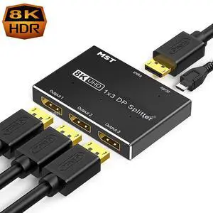 WRIARICH DisplayPort Splitter 1 in 3 Out 8K 30Hz 4K 144Hz MST Hub Splitter, 1 in 3 out DP to DP Video Converter for Video Card with MST Function(Windows PC only)-Support Dual or Triple 4K WRIARICH DisplayPort Splitter 1 in 3 Out 8K 30Hz 4K 144Hz MST Hub Splitter, 1 in 3 out DP to DP Video Converter for Video Card with MST Function(Windows PC only)-Support Dual or Triple 4K