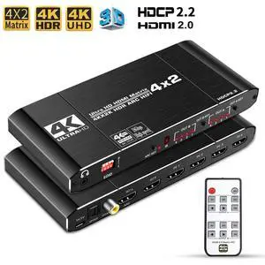 4x2 HDMI 4K Matrix Switch/Splitter, (4-Input, 2-Output) with Remote Control Supports Ultra HD 4K@60Hz 4:4:4, HDR, YUV, HDMI 2.0, HDCP 2.2, 3D, 1080p, 18GBPS - ARC/SPDIF, Coaxial, 3.5mm Stereo Audio 4x2 HDMI 4K Matrix Switch/Splitter, (4-Input, 2-Output) with Remote Control Supports Ultra HD 4K@60Hz 4:4:4, HDR, YUV, HDMI 2.0, HDCP 2.2, 3D, 1080p, 18GBPS - ARC/SPDIF, Coaxial, 3.5mm Stereo Audio