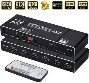 WRIARICH 4K HDMI Matrix Switch 4 X 2 ,4 in 2 Out Video Switcher Splitter, 2xOptical SPDIF and 2x3.5mm L/R Audio Output with IR Remote Controller,Support 4K@60Hz 3D 18.5Gbps, HDMI 2.0b, HDCP 2.2,HDR10 WRIARICH 4K HDMI Matrix Switch 4 X 2 ,4 in 2 Out Video Switcher Splitter, 2xOptical SPDIF and 2x3.5mm L/R Audio Output with IR Remote Controller,Support 4K@60Hz 3D 18.5Gbps, HDMI 2.0b, HDCP 2.2,HDR10