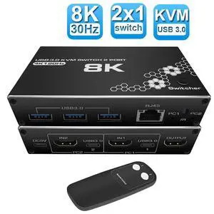 8K@30Hz USB HDMI KVM Switch 2 in 1 Out Box, 2 Computers Share One Monitor, rj45 ports and 3USB2.0 Port USB KVM Switcher Adapter Support Wireless Keyboard and Mouse, USB Disk, Printer, USB Camera 8K@30Hz USB HDMI KVM Switch 2 in 1 Out Box, 2 Computers Share One Monitor, rj45 ports and 3USB2.0 Port USB KVM Switcher Adapter Support Wireless Keyboard and Mouse, USB Disk, Printer, USB Camera