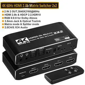 WRIARICH 4K@60Hz HDMI Matrix Switch Splitter 2 in 2 Out with Remote, 2x2 HDMI Splitter Switcher 4K with SPDIF & 3.5mm Audio, Support 4K,3D, 1080p,HDCP2.2, HDR 10 for PS4,Xbox,Fire Stick,etc WRIARICH 4K@60Hz HDMI Matrix Switch Splitter 2 in 2 Out with Remote, 2x2 HDMI Splitter Switcher 4K with SPDIF & 3.5mm Audio, Support 4K,3D, 1080p,HDCP2.2, HDR 10 for PS4,Xbox,Fire Stick,etc