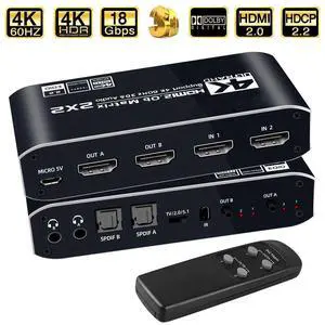 WRIARICH 4K HDMI Matrix Switch 2 X 2 ,2 in 2 Out Video Switcher Splitter, 2xOptical SPDIF and 2x3.5mm L/R Audio Output with IR Remote Controller,Support 4K@60Hz 3D 18.5Gbps, HDMI 2.0b, HDCP 2.2,HDR10 WRIARICH 4K HDMI Matrix Switch 2 X 2 ,2 in 2 Out Video Switcher Splitter, 2xOptical SPDIF and 2x3.5mm L/R Audio Output with IR Remote Controller,Support 4K@60Hz 3D 18.5Gbps, HDMI 2.0b, HDCP 2.2,HDR10