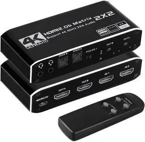 WRIARICH 2x2 HDMI Matrix, 4K@60Hz 2 in 2 Out HDMI Switch Splitter with IR Remote, HDMI Matrix Switch + 2xOptical + 2x3.5mm Audio Output, Support HDMI2.0, HDCP2.2, Auto Downscaler, 3D, Audio Extractor WRIARICH 2x2 HDMI Matrix, 4K@60Hz 2 in 2 Out HDMI Switch Splitter with IR Remote, HDMI Matrix Switch + 2xOptical + 2x3.5mm Audio Output, Support HDMI2.0, HDCP2.2, Auto Downscaler, 3D, Audio Extractor