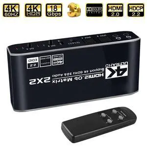 HDMI Matrix 2x2 , 4K HDMI Matrix Switch 2 in 2 Out Switcher Splitter Box with 2xSPDIF Audio, 2x3.5mm L/R Audio and IR Remote Control, Support Ultra 4K HDR,4Kx2K@60Hz, 3D, 1080PHDMI 2.0b, HDCP 2.2 HDMI Matrix 2x2 , 4K HDMI Matrix Switch 2 in 2 Out Switcher Splitter Box with 2xSPDIF Audio, 2x3.5mm L/R Audio and IR Remote Control, Support Ultra 4K HDR,4Kx2K@60Hz, 3D, 1080PHDMI 2.0b, HDCP 2.2