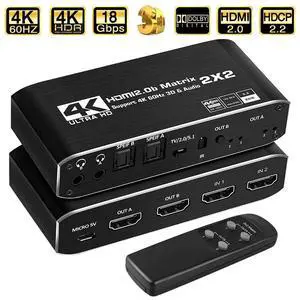 WRIARICH 2x2 HDMI Matrix Switch 4K - 4K 60Hz RGB 4:4:4/8:8:8(Dolby ATMOS), 18Gbps, HDR10, Control via Remote, 2xSPDIF Audio, 2x3.5mm L/R Audio Audio Extractor, 2 in 2 Out Video Matrix Switch (OZJ6) WRIARICH 2x2 HDMI Matrix Switch 4K - 4K 60Hz RGB 4:4:4/8:8:8(Dolby ATMOS), 18Gbps, HDR10, Control via Remote, 2xSPDIF Audio, 2x3.5mm L/R Audio Audio Extractor, 2 in 2 Out Video Matrix Switch (OZJ6)