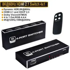 WRIARICH 8K HDMI Switch,4 in 1 Out Ultra HD 8K@60Hz 4K@120Hz HDMI Splitter,4 Port High Speed-48Gbps HDMI 2.1 Switch with IR Remote Control-Metallic Black WRIARICH 8K HDMI Switch,4 in 1 Out Ultra HD 8K@60Hz 4K@120Hz HDMI Splitter,4 Port High Speed-48Gbps HDMI 2.1 Switch with IR Remote Control-Metallic Black