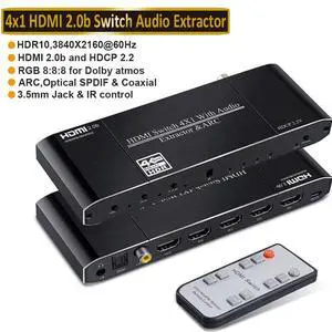 WRIARICH 4K@60Hz 4x1 HDMI Switch Audio Extractor with Optical Toslink SPDIF/Coaxial/3.5mm Audio Out, 4 Ports HDMI 2.0b Switcher with Remote Control Support ARC, HDCP 2.2, 3D, for Xbox, Fire Stick, PS5 WRIARICH 4K@60Hz 4x1 HDMI Switch Audio Extractor with Optical Toslink SPDIF/Coaxial/3.5mm Audio Out, 4 Ports HDMI 2.0b Switcher with Remote Control Support ARC, HDCP 2.2, 3D, for Xbox, Fire Stick, PS5