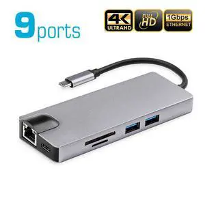 USB C Hub, 9-in-1 USB C Adapter with 4K USB C to HDMI,2 USB 3.0,SD TF Card Reader, PD Charging Port, Gigabit Ethernet, 1080P VGA, Audio/Mic for MacBook Pro/Air and Type C Windows Laptops Type C Laptop USB C Hub, 9-in-1 USB C Adapter with 4K USB C to HDMI,2 USB 3.0,SD TF Card Reader, PD Charging Port, Gigabit Ethernet, 1080P VGA, Audio/Mic for MacBook Pro/Air and Type C Windows Laptops Type C Laptop