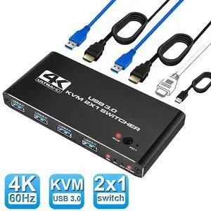 WRIARICH 2x1 HDMI KVM Switch 2 Port 4K@60Hz 2K@120/144Hz, 2 Computers Sharing 1 Monitor and 4 USB3.0 Ports Keyboard Mouse Peripherals Selector Box WRIARICH 2x1 HDMI KVM Switch 2 Port 4K@60Hz 2K@120/144Hz, 2 Computers Sharing 1 Monitor and 4 USB3.0 Ports Keyboard Mouse Peripherals Selector Box