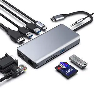 WRIARICH 10 in 1 USB C Hub Multiport Adapter, USB C Docking Station to HDMI 4K 30Hz, VGA, Ethernet, 3USB 3.0, TF/SD, Audio,PD Port MacBook Dongle for MacBook Dell Hp Lenovo Laptop Type C Devices WRIARICH 10 in 1 USB C Hub Multiport Adapter, USB C Docking Station to HDMI 4K 30Hz, VGA, Ethernet, 3USB 3.0, TF/SD, Audio,PD Port MacBook Dongle for MacBook Dell Hp Lenovo Laptop Type C Devices