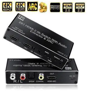 WRIARICH 4K@60Hz HDMI Switch 2x1, 2 Port HDMI2.0b Switch Box with Optical Toslink SPDIF/Coaxial/3.5mm R/L Audio Out, HDMI Selector Switch with Remote(OZV2) WRIARICH 4K@60Hz HDMI Switch 2x1, 2 Port HDMI2.0b Switch Box with Optical Toslink SPDIF/Coaxial/3.5mm R/L Audio Out, HDMI Selector Switch with Remote(OZV2)