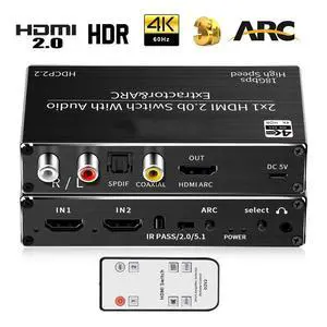 WRIARICH 4K@ 60Hz HDMI Audio Extractor Splitter, 2x1 HDMI to HDMI + Optical Toslink SPDIF + 3.5mm Audio Jack + Coaxial + R/L Audio Support ARC and eARC Function, OZV2 WRIARICH 4K@ 60Hz HDMI Audio Extractor Splitter, 2x1 HDMI to HDMI + Optical Toslink SPDIF + 3.5mm Audio Jack + Coaxial + R/L Audio Support ARC and eARC Function, OZV2