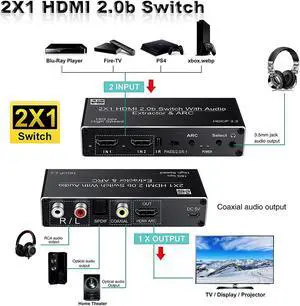 WRIARICH HDMI Switch Audio Extractor, HDMI Switch Splitter 2 Inputs 1 Output with Remote 4K@60hz, 2-Port HDMI2.0b Switcher Box with Optical Toslink SPDIF+Coaxial+3.5mm+R/L Audio Out,OZV2 WRIARICH HDMI Switch Audio Extractor, HDMI Switch Splitter 2 Inputs 1 Output with Remote 4K@60hz, 2-Port HDMI2.0b Switcher Box with Optical Toslink SPDIF+Coaxial+3.5mm+R/L Audio Out,OZV2