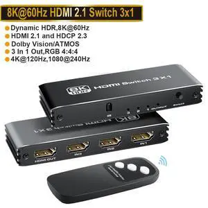 WRIARICH 8K HDMI Switch 3 in 1 Out, 3 Port HDMI Splitter with IR Remote HDMI Switcher Selector Box Support 8K@60Hz 4K@120Hz, HDMI 2.1 Switch Compatible with PS 5/4/3 Xbox Switch Ro-ku TV Fire Stick PC WRIARICH 8K HDMI Switch 3 in 1 Out, 3 Port HDMI Splitter with IR Remote HDMI Switcher Selector Box Support 8K@60Hz 4K@120Hz, HDMI 2.1 Switch Compatible with PS 5/4/3 Xbox Switch Ro-ku TV Fire Stick PC