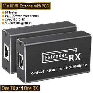 WRIARICH HDMI Extender Kit, 60M/196ft HDMI Extender Via Single RJ45 Cat 5e/6 Ethernet Cable Transmit Up to 60M, Support 1080p, 3D, POC, with Loop Out Function (Transmitter and Receiver) WRIARICH HDMI Extender Kit, 60M/196ft HDMI Extender Via Single RJ45 Cat 5e/6 Ethernet Cable Transmit Up to 60M, Support 1080p, 3D, POC, with Loop Out Function (Transmitter and Receiver)