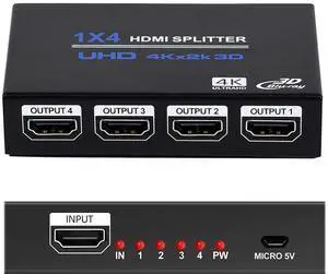 WRIARICH 1x4 HDMI Splitter,LUOM 1 in 4 Out HDMI Splitter Audio Video Distributor Box Support 3D & 4K x 2K Compatible for HDTV, STB, DVD, PS3, Projector Etc WRIARICH 1x4 HDMI Splitter,LUOM 1 in 4 Out HDMI Splitter Audio Video Distributor Box Support 3D & 4K x 2K Compatible for HDTV, STB, DVD, PS3, Projector Etc