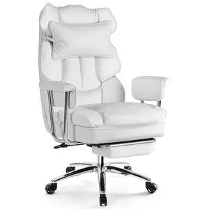 Sweetcrispy Executive Home Office Desk Chair - Ergonomic Big Tall High Back with Footrest & Lumbar Support, Reclining Height Adjustable, Comfy PU Leather Computer Gaming with Swivel Wheels, White Sweetcrispy Executive Home Office Desk Chair - Ergonomic Big Tall High Back with Footrest & Lumbar Support, Reclining Height Adjustable, Comfy PU Leather Computer Gaming with Swivel Wheels, White