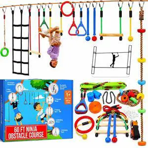 Hyponix Ninja Warrior Obstacle Course for Kids 2 x 60 ft Slackline with 13 Outdoor Ninja Obstacles, Supports 880lbs Monkey Net, Ratchet-Tight Tech, Climbing, Swinging & Balance Training, Ages 3+ Hyponix Ninja Warrior Obstacle Course for Kids 2 x 60 ft Slackline with 13 Outdoor Ninja Obstacles, Supports 880lbs Monkey Net, Ratchet-Tight Tech, Climbing, Swinging & Balance Training, Ages 3+