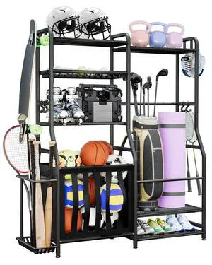 Faesun Garage Sports Equipment Organizer, Golf Bag Storage Rack, Heavy Duty Ball Holder with Basket & Hooks, Indoor/Outdoor Basketball Storage Bins for Toy Sports Gear Storage Faesun Garage Sports Equipment Organizer, Golf Bag Storage Rack, Heavy Duty Ball Holder with Basket & Hooks, Indoor/Outdoor Basketball Storage Bins for Toy Sports Gear Storage
