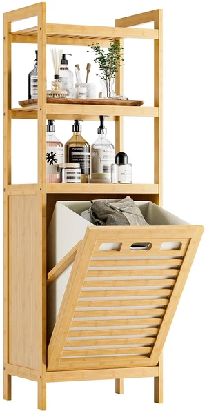 Tilt Out Laundry Hamper, Bamboo Laundry Basket with Foldable Bag and 3 Open Shelves, Freestanding Clothes Storage Organizer for Bedroom, Bathroom, Living Room, Natural Tilt Out Laundry Hamper, Bamboo Laundry Basket with Foldable Bag and 3 Open Shelves, Freestanding Clothes Storage Organizer for Bedroom, Bathroom, Living Room, Natural