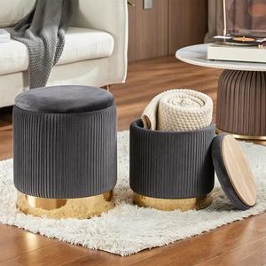 Round Ottoman with Storage Set of 2 Gray Velvet Vanity Stool | Upholstered,Small Ottoman Coffee Table,Removable Lid,Foot Stool for Living Room,Bedroom,Assembly Free,Gold and Gray Round Ottoman with Storage Set of 2 Gray Velvet Vanity Stool | Upholstered,Small Ottoman Coffee Table,Removable Lid,Foot Stool for Living Room,Bedroom,Assembly Free,Gold and Gray
