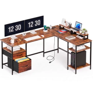 62 Inch L Shaped Computer Desk with Power Outlets, 62 Inch | Reversible Corner Gaming Desk with 2 Drawers, Home Office Desk for Writing, Work, Chocolate 62 Inch L Shaped Computer Desk with Power Outlets, 62 Inch | Reversible Corner Gaming Desk with 2 Drawers, Home Office Desk for Writing, Work, Chocolate