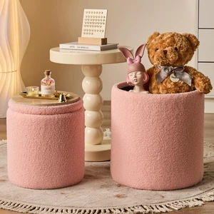 Set of 2 Round Storage Ottoman, Pink Sherpa Ottoman with Storage | Upholstered Padded Vanity Stool, Multifunctional Coffee Table & Foot Rest for Bedroom, Living room with Hidden Storage Space Set of 2 Round Storage Ottoman, Pink Sherpa Ottoman with Storage | Upholstered Padded Vanity Stool, Multifunctional Coffee Table & Foot Rest for Bedroom, Living room with Hidden Storage Space