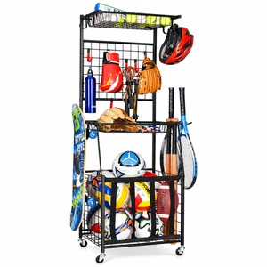 Sports Equipment Storage for Garage, Ball Storage Organizer | Vertical sports storage rack with 2 wire shelves, 6 movable hooks, bat holders, elastic ball bin and locking wheels. Sports Equipment Storage for Garage, Ball Storage Organizer | Vertical sports storage rack with 2 wire shelves, 6 movable hooks, bat holders, elastic ball bin and locking wheels.