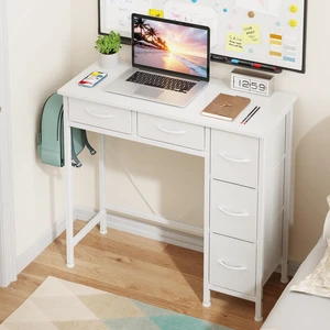 33" Small Computer Desk with 5 Fabric Drawers, White, 14.2" D | Side Hook, Scratch-Resistant Top, Reinforced V-Brace and Adjustable Feet for Home Office, Bedroom, Dorms and Small Space 33" Small Computer Desk with 5 Fabric Drawers, White, 14.2" D | Side Hook, Scratch-Resistant Top, Reinforced V-Brace and Adjustable Feet for Home Office, Bedroom, Dorms and Small Space