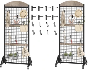 Grid Wall Panel 5.7 x 2 FT Grid Display Rack, Movable Gridwall Display Stand with Wheels, Floorstanding Wire Grid Rack with 4 S-Shaped Hooks and 4 Garment Hooks, Greige and Black TCJ17BG Grid Wall Panel 5.7 x 2 FT Grid Display Rack, Movable Gridwall Display Stand with Wheels, Floorstanding Wire Grid Rack with 4 S-Shaped Hooks and 4 Garment Hooks, Greige and Black TCJ17BG