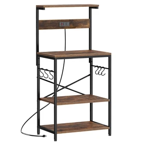 Kitchen Bakers Rack with Power Outlet, Coffee Bar Table 4 Tiers, Kitchen Microwave Stand with 6 S-shaped Hooks, Storage Shelf Rack for Spices, Pots and Pans - Rustic Brown Kitchen Bakers Rack with Power Outlet, Coffee Bar Table 4 Tiers, Kitchen Microwave Stand with 6 S-shaped Hooks, Storage Shelf Rack for Spices, Pots and Pans - Rustic Brown