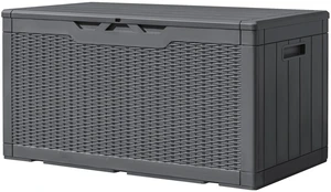 100 Gallon Resin Deck Box Large Outdoor Storage, Imitation Rattan Weave Texture for Patio Furniture, Garden Tools, Pool Supplies, Weatherproof and UV Resistant, Lockable, Gray 100 Gallon Resin Deck Box Large Outdoor Storage, Imitation Rattan Weave Texture for Patio Furniture, Garden Tools, Pool Supplies, Weatherproof and UV Resistant, Lockable, Gray