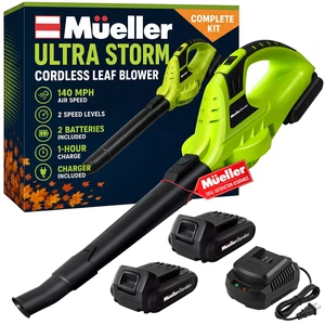 Mueller UltraStorm Cordless Leaf Blower | 2 Batteries Included for 2x Runtime, 140 MPH 20V Brushless Motor, 3.3 lb Lightweight, 2-Speed Variable, 1-Hour Fast Charge Mueller UltraStorm Cordless Leaf Blower | 2 Batteries Included for 2x Runtime, 140 MPH 20V Brushless Motor, 3.3 lb Lightweight, 2-Speed Variable, 1-Hour Fast Charge