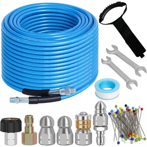 100 FT Sewer Jetter Kit for Pressure Washer, 5800PSI Drain Cleaner Hose | 1/4 Inch NPT Corner with 4 Sewer Jetting Nozzles, Pearl Corsage Pin, Waterproof Tape, Handle Strap&2 Spanner (Blue) 100 FT Sewer Jetter Kit for Pressure Washer, 5800PSI Drain Cleaner Hose | 1/4 Inch NPT Corner with 4 Sewer Jetting Nozzles, Pearl Corsage Pin, Waterproof Tape, Handle Strap&2 Spanner (Blue)