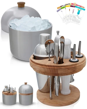 Cocktail Set Bartender Kit with Stainless Steel Ice Bucket - Complete Mixology Bar Tool Set with Wooden Organizer, Cocktail Shaker, Jigger, Muddler, Spoon, Tongs, Pourers, Recipe Cards Cocktail Set Bartender Kit with Stainless Steel Ice Bucket - Complete Mixology Bar Tool Set with Wooden Organizer, Cocktail Shaker, Jigger, Muddler, Spoon, Tongs, Pourers, Recipe Cards