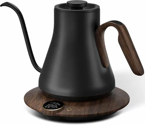 FLOW B9 Gooseneck Electric Kettle ±1°F Temperature Control | Pour Over Coffee & Tea, 0.9L Capacity, 1500W Fast Heating, 60-Minute Keep Warm, Brew Timer, Full Black Walnut
